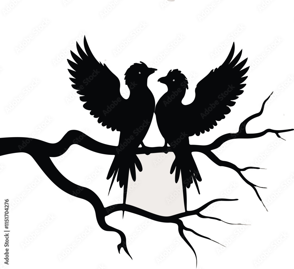 Obraz premium Two birds on a tree one has a black vector illustration