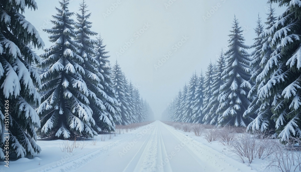 Naklejka premium Mysterious winter forest path lined with snow-covered evergreen trees in a foggy atmosphere