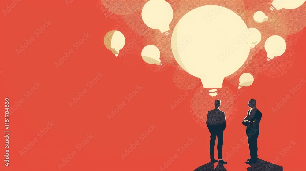 Obraz premium Illustration of two silhouetted figures discussing ideas, symbolized by glowing light bulbs in a vibrant red background, representing brainstorming, creativity, and innovation