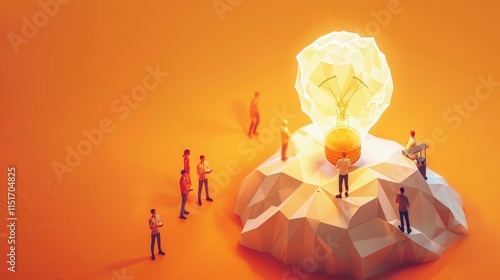 Conceptual illustration of a group of people gathered around a glowing light bulb situated on a geometric pedestal, symbolizing creativity, innovation, and teamwork in generating ideas and solutions. photo