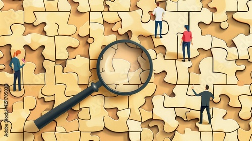 Illustration of individuals exploring and piecing together a large puzzle with a magnifying glass, symbolizing problem-solving, collaboration, and attention to detail in achieving solutions. photo