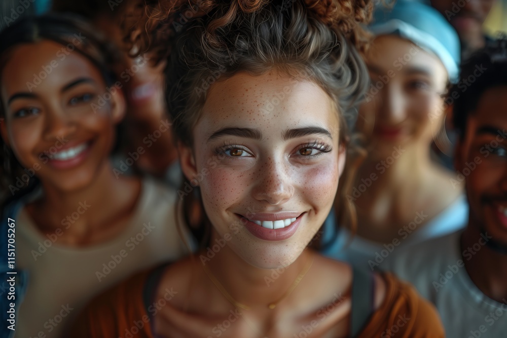 A joyful group of diverse friends smiling together, showcasing happiness and connection in a vibrant atmosphere. A joyful group of diverse friends smiling together, showcasing happiness and connection in a vibrant atmosphere.