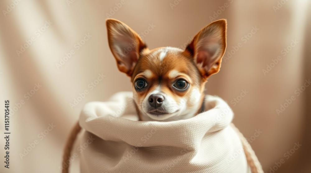 Chihuahua wrapped in cozy beige blanket with soft lighting Chihuahua wrapped in cozy beige blanket with soft lighting