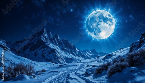 Stunning winter landscape with a bright full moon shining over snowy mountains at night
