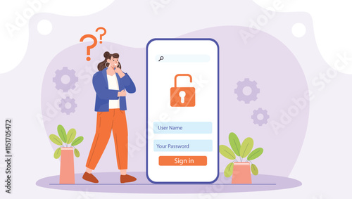 An illustration depicting secure login and account access issues, showcasing a user facing login challenges, with visual elements like security alerts, password recovery, and verification steps for se