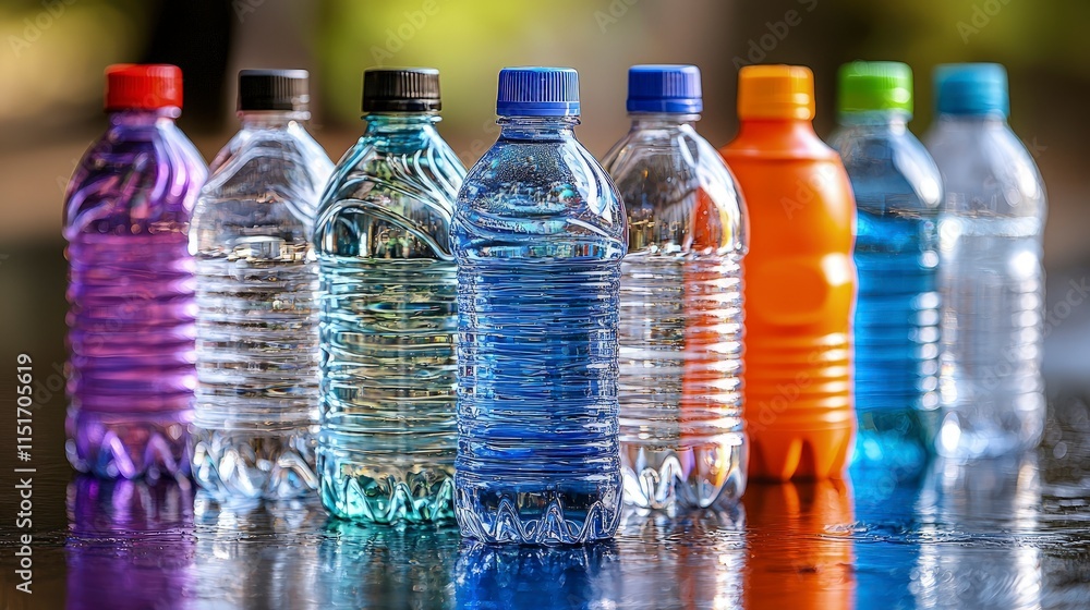 Close-up of colorful plastic water bottles on a reflective surface. The bottles are arranged in a row and display a vibrant spectrum of colors. Close-up of colorful plastic water bottles on a reflective surface. The bottles are arranged in a row and display a vibrant spectrum of colors.