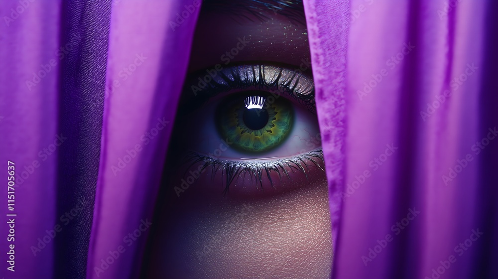Female green eye peeking through purple curtain. Mysterious, fear concept.