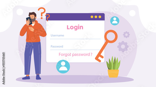 An illustration depicting user authentication and password recovery, showing a user entering credentials, followed by a password reset process with security steps like email verification and CAPTCHA.