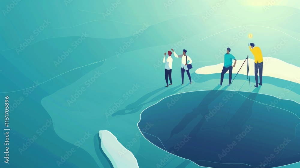 Team of explorers investigating a mysterious dark crater in a minimalist landscape under bright light. Team of explorers investigating a mysterious dark crater in a minimalist landscape under bright light.
