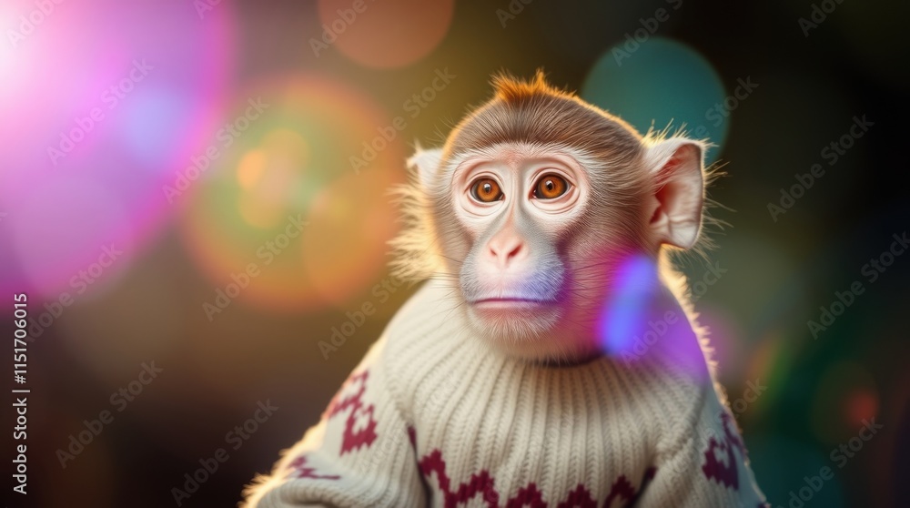 Adorable monkey in patterned sweater with sunlight glow Adorable monkey in patterned sweater with sunlight glow