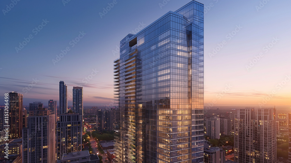 Obraz premium Modern Glass Skyscraper at Sunset Cityscape