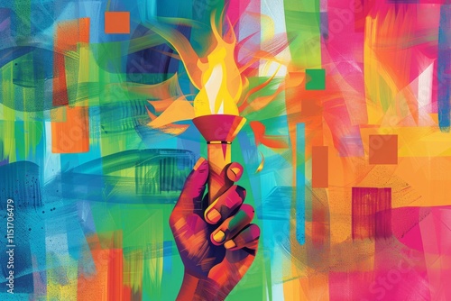 Hand holding a vibrant Olympic torch in a colorful abstract art style symbolizing energy, passion, and unity. photo