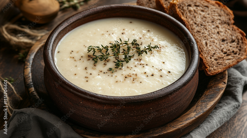 High-angle view of schi soup in a clay bowl with dark rye bread on the side, comforting and hearty vibe High-angle view of schi soup in a clay bowl with dark rye bread on the side, comforting and hearty vibe