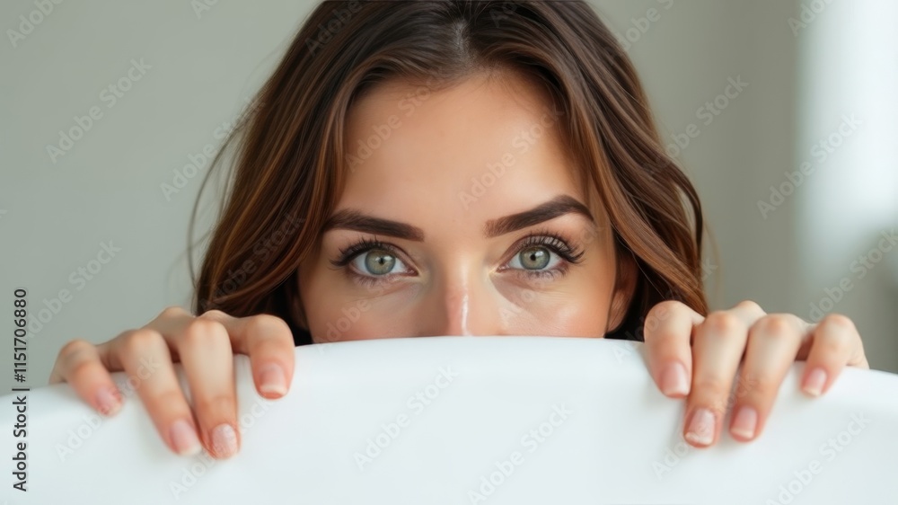 young woman hides half of her face behind a white sheet in front of her. young woman hides half of her face behind a white sheet in front of her.
