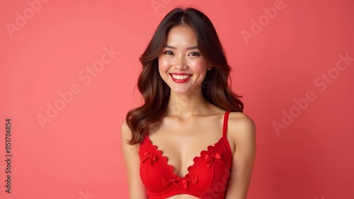 beautiful smiling girl in red bra looking at camera