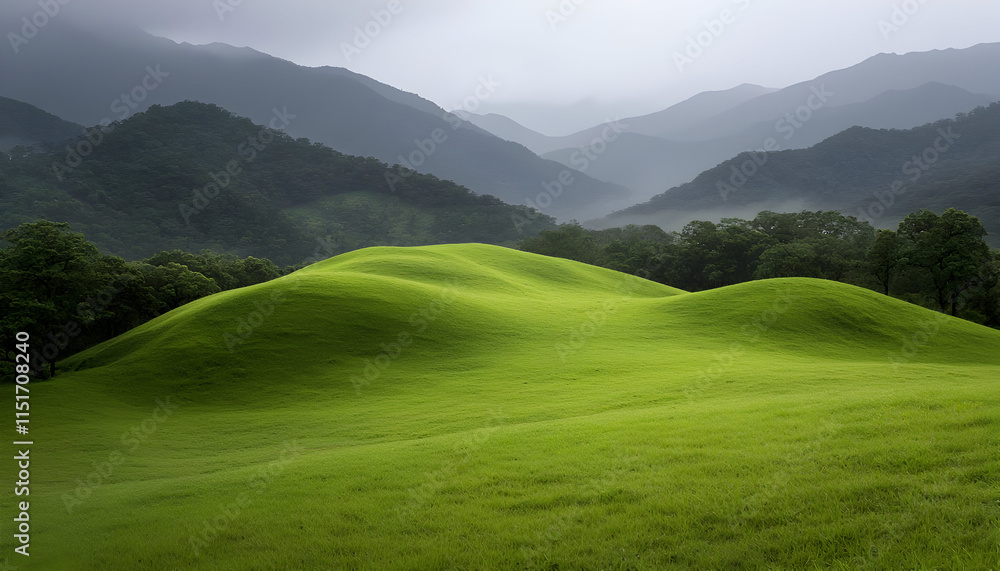 Lush green hills under misty sky with distant mountains in view Lush green hills under misty sky with distant mountains in view