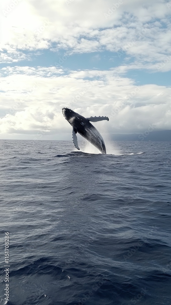 Fototapeta premium Large marine mammal breaches, ocean, cloudy sky.