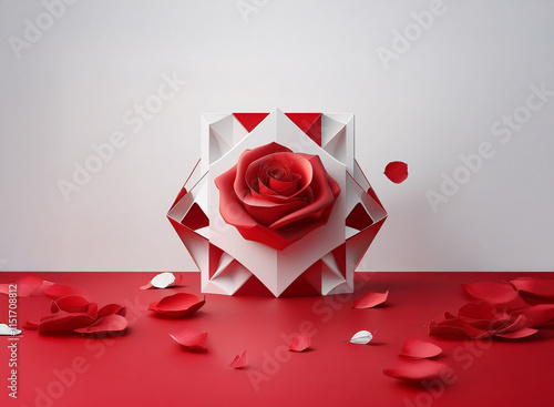 A red rose blossoms from a geometric white paper sculpture.  Scattered red and white petals surround the base, creating a striking contrast against a red and white background. photo