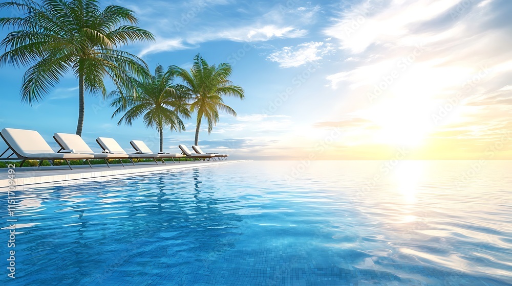 Tranquil Poolside Paradise with Palm Trees and Sunset Tranquil Poolside Paradise with Palm Trees and Sunset