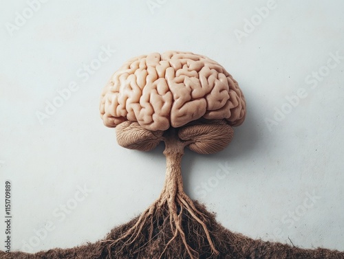 Explore the fascinating connection between brain gears turning and growing tree roots, illustrating cognitive reasoning development and symbolic intellectual evolution This image depicts the photo