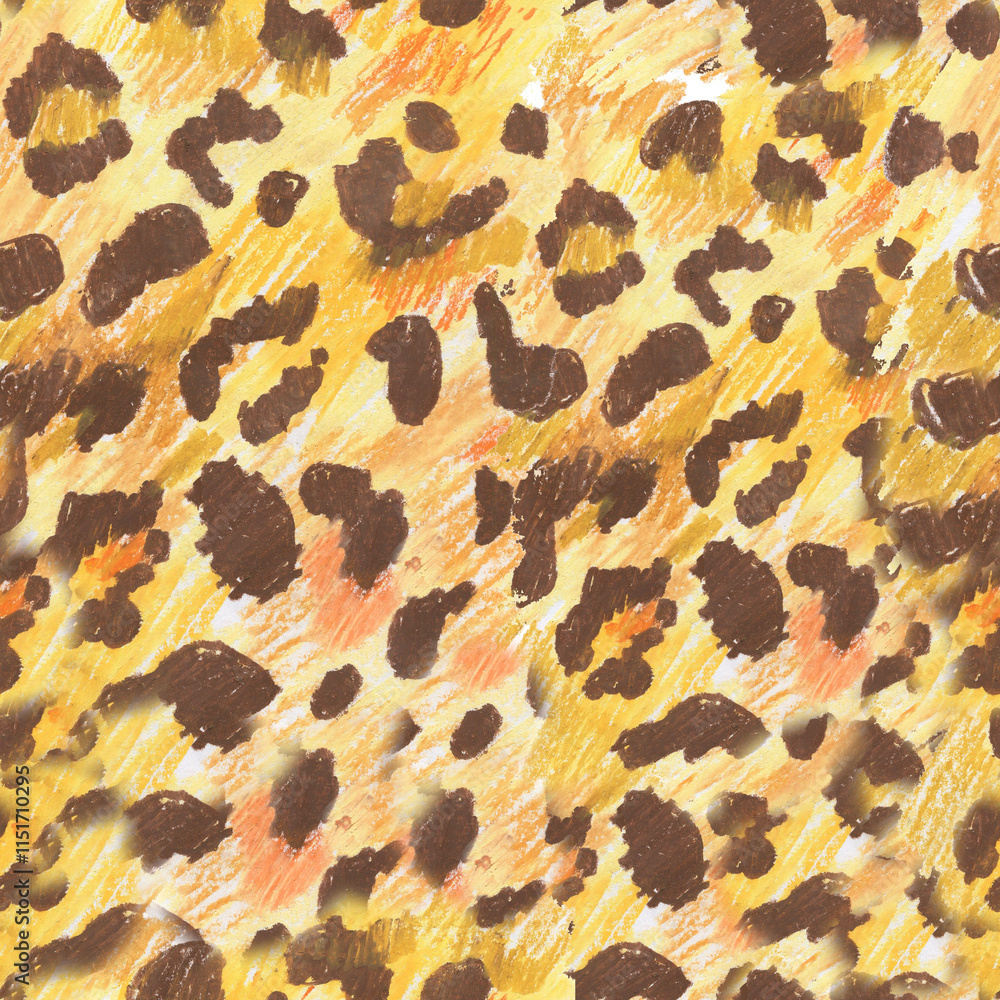  Leopard texture wax crayons seamless pattern on white isolated background. Texture and animal repeating pattern. Design for textiles, wrapping paper and wallpaper.