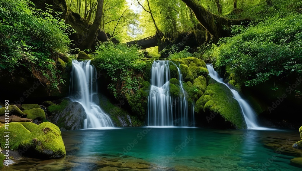Moss-Covered Rocks and Cascading Water | Tranquil Forest Waterfall | Lush Green Landscape | Serene Nature Scene Moss-Covered Rocks and Cascading Water | Tranquil Forest Waterfall | Lush Green Landscape | Serene Nature Scene