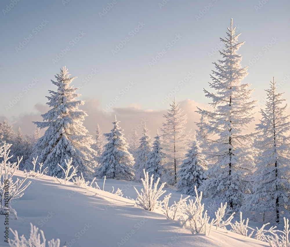 Fototapeta premium Winter panorama landscape with a snow-covered forest and trees at sunrise. A winter morning marking the beginning of a new day. Winter landscape with sunset, panoramic view