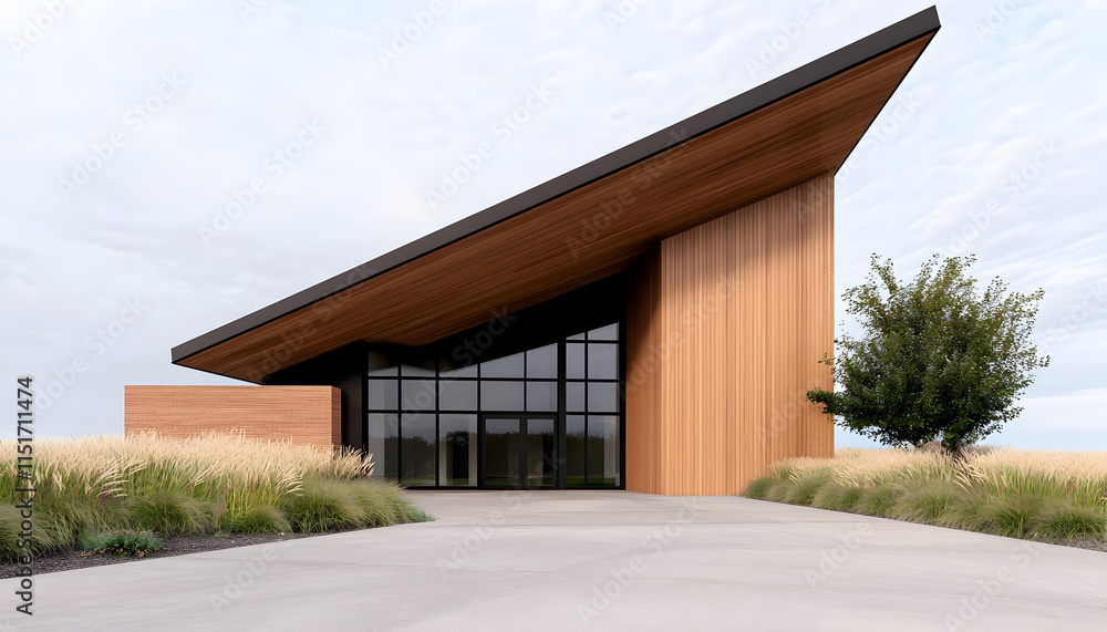Modern wooden building with sloped roof and large windows Modern wooden building with sloped roof and large windows