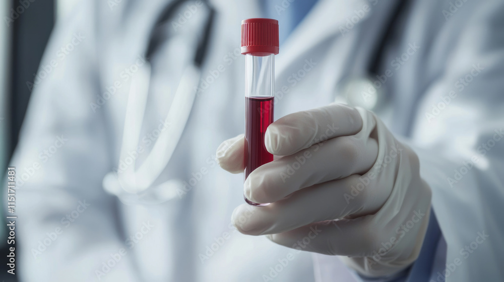 Doctor holding a test tube containing a blood sample in laboratory Doctor holding a test tube containing a blood sample in laboratory