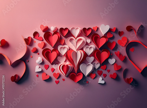 Intricate paper hearts, red and white, arranged in a romantic composition on a muted pink background.  The design features layered hearts of varying sizes creating a visually appealing effect. photo