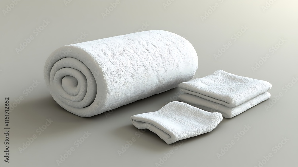 Rolled and folded white towels on grey background. Rolled and folded white towels on grey background.
