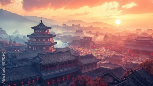 Wallpaper Mural Ancient Chinese City at Sunrise with Bustling Activity Torontodigital.ca