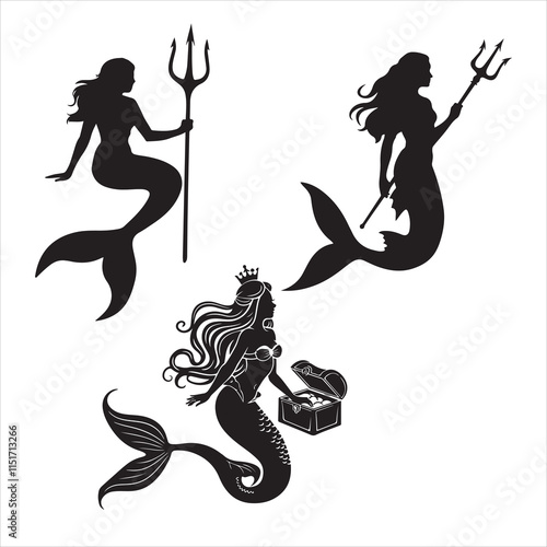 set of vector icon mermaid silhouette	