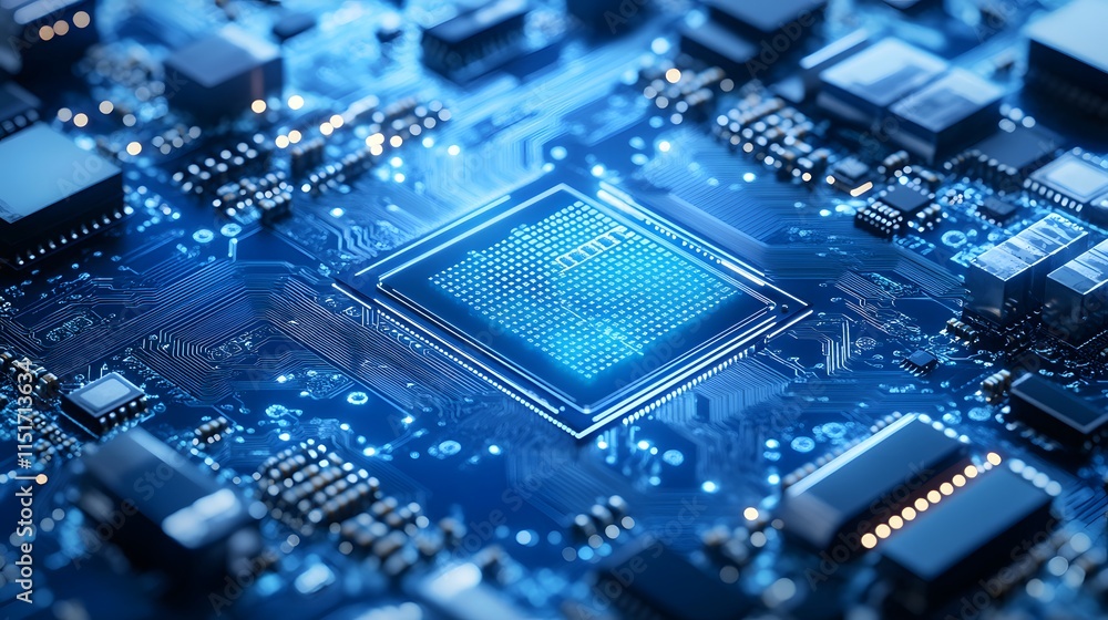 A blue digital background featuring an isometric view of a microchip with glowing lights and interconnected connections A blue digital background featuring an isometric view of a microchip with glowing lights and interconnected connections