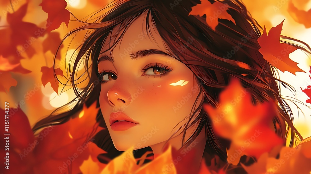 Fototapeta premium A Young Woman Gazing Through Autumn Leaves