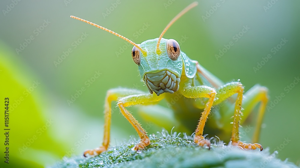 Close-up of a vibrant green grasshopper perched on a dew-covered leaf. Close-up of a vibrant green grasshopper perched on a dew-covered leaf.