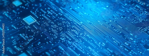 A blue digital background featuring an isometric view of a microchip with glowing lights and interconnected connections