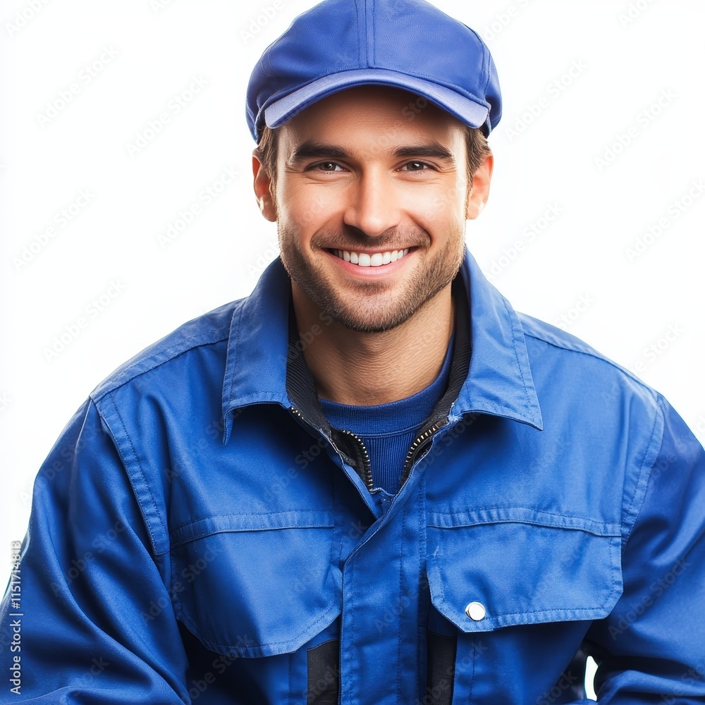 Smiling Delivery Man in Uniform: Logistics, Courier Services, Customer Satisfaction, and Professionalism Smiling Delivery Man in Uniform: Logistics, Courier Services, Customer Satisfaction, and Professionalism