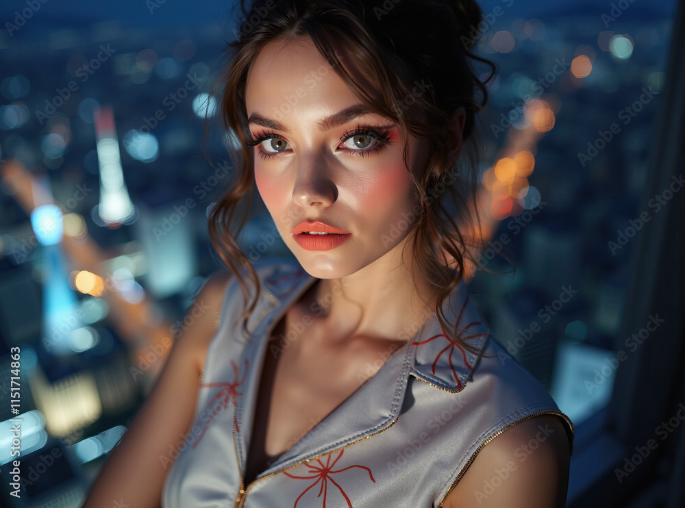 Portrait of Woman in Grey Sleeveless Top against City Night Lights Portrait of Woman in Grey Sleeveless Top against City Night Lights