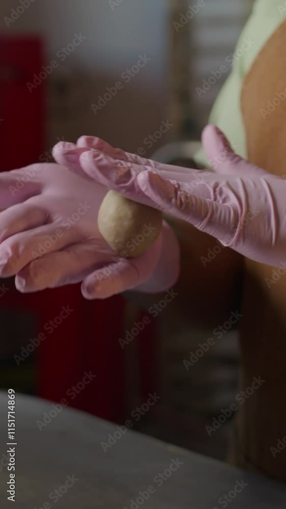 Vertical cropped slowmo shot of unrecognizable African American female baker in pink gloves carefully rolling small ball of dough on countertop in kitchen Vertical cropped slowmo shot of unrecognizable African American female baker in pink gloves carefully rolling small ball of dough on countertop in kitchen