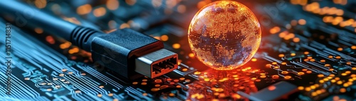 A network cable plugged into a glowing globe, set against a detailed circuit board background, symbolizing global internet connectivity and data communication