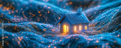 A small blueroofed house surrounded by vibrant, tangled wires in a computergenerated image, representing digital complexity and connectivity photo