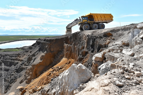 Massive dump truck on edge of rugged limestone quarry under clear sky photo