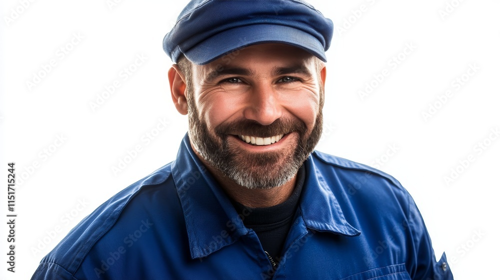 Smiling Delivery Man in Uniform: Logistics, Courier Services, Customer Satisfaction, and Professionalism Smiling Delivery Man in Uniform: Logistics, Courier Services, Customer Satisfaction, and Professionalism