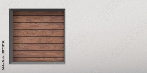 Concrete wall with square hole have cut timber panels mocha tone behind graphic illustration.