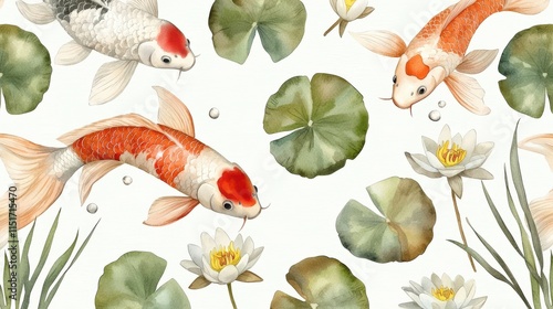 Koi fish swim among water lilies and leaves