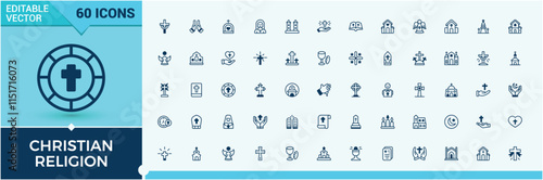 Christian Religion line icons set. Contains such icons as easter, catholicism, shape, spiritual, prayer, christianity, silhouette, religious. Pixel perfect. Editable stroke.