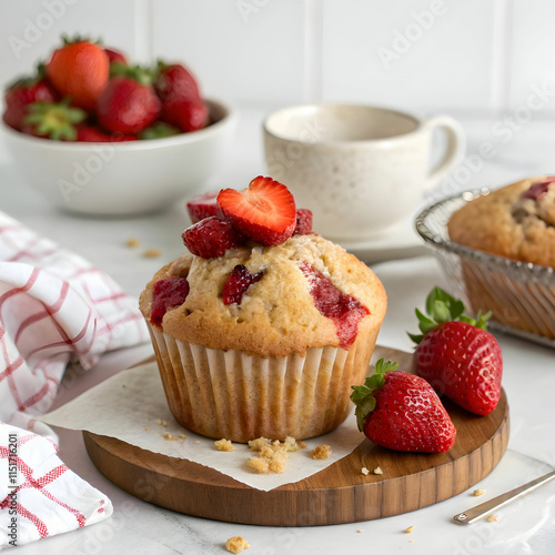 A delicious strawberry muffin, soft and moist, bursting with fresh strawberries,