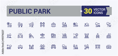 Public Park line icons set. Includes thin line street, lake, playground, castle, graphic, fountain, building and more. Minimalistic icons. Editable vector icon and illustration.
