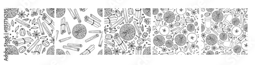 Mulled wine seamless pattern collection. Hot Christmas drink ingredients. Fruit mulled wine recipe. Doodle Outline vector illustration. Hot winter drink recipe. For wallpaper, wrapping, scrapbooking.